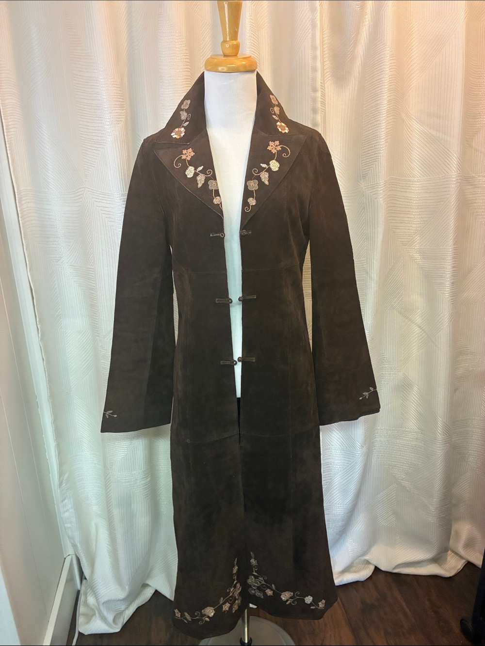 VTG Ezza Michael Hoban Dark Brown Suede Embroidered Long Trench Coat
